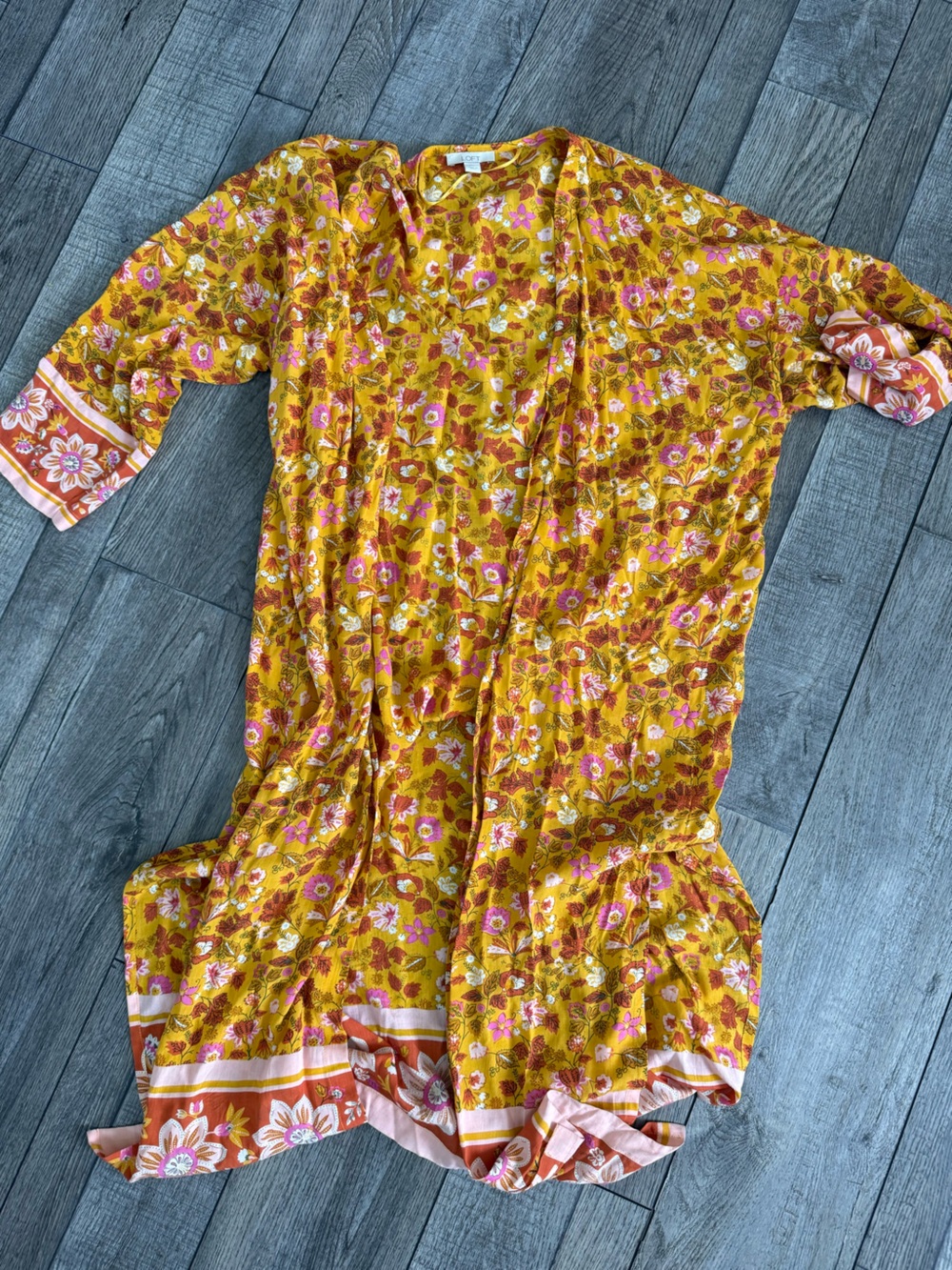 LOFT Mustard Yellow Floral Kimono with Pink and Rust Accents